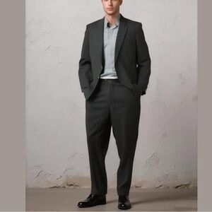 90s 2PC MURANO WOOL NAVY PINSTRIPES SUIT BOXY BLAZER & PLEAT FRONT PANTS SZ 46L